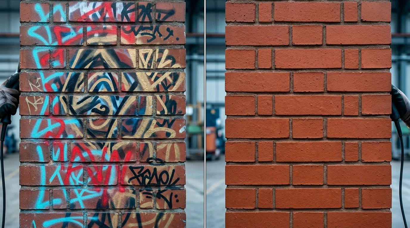 Before and after laser graffiti removal on a wall