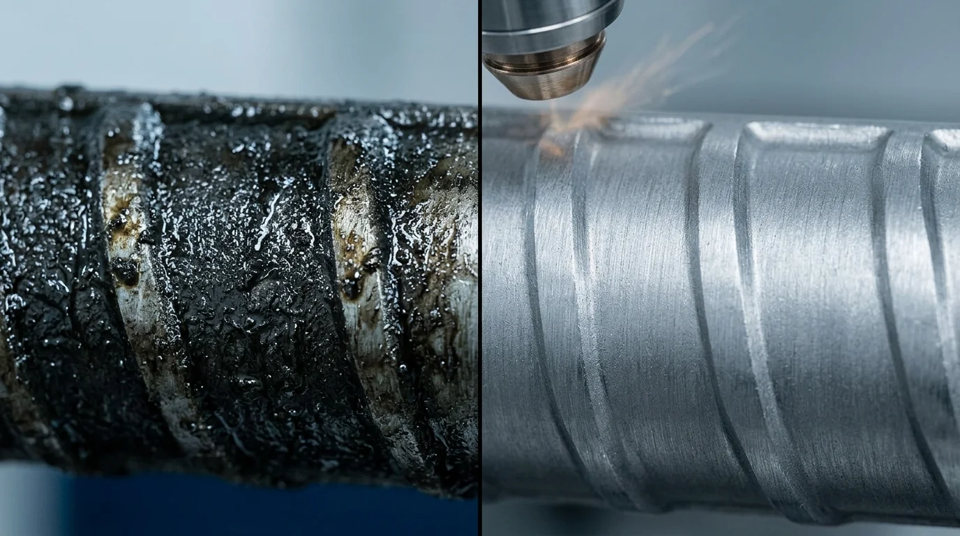 Before and after laser oil and grease removal on a metal part