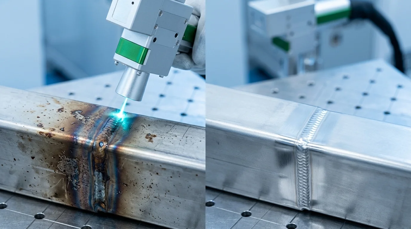 Before and after laser weld cleaning showing heat tint removed from a stainless steel seam
